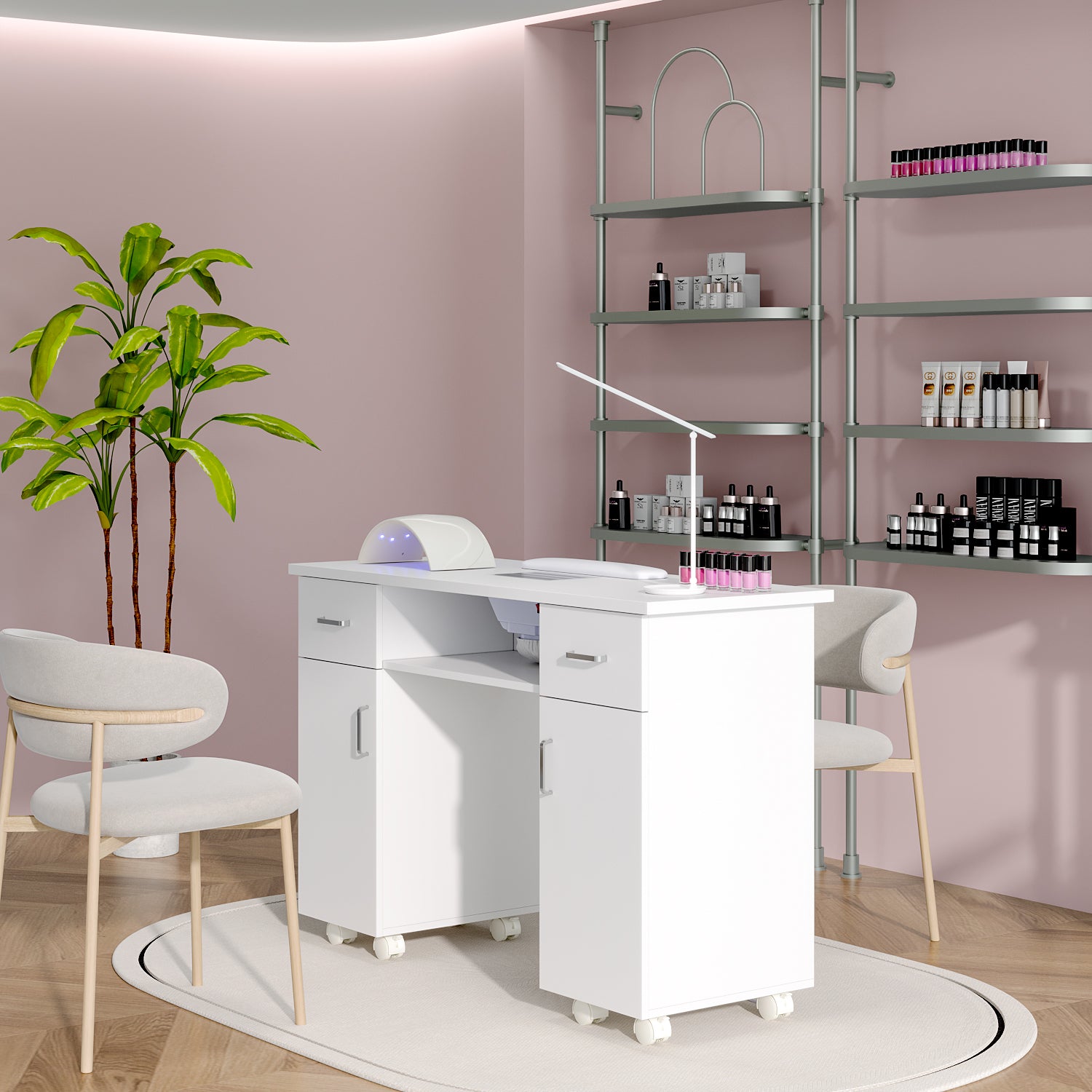 Manicure Table on Wheels With 2 Cabinets & 2 Drawers