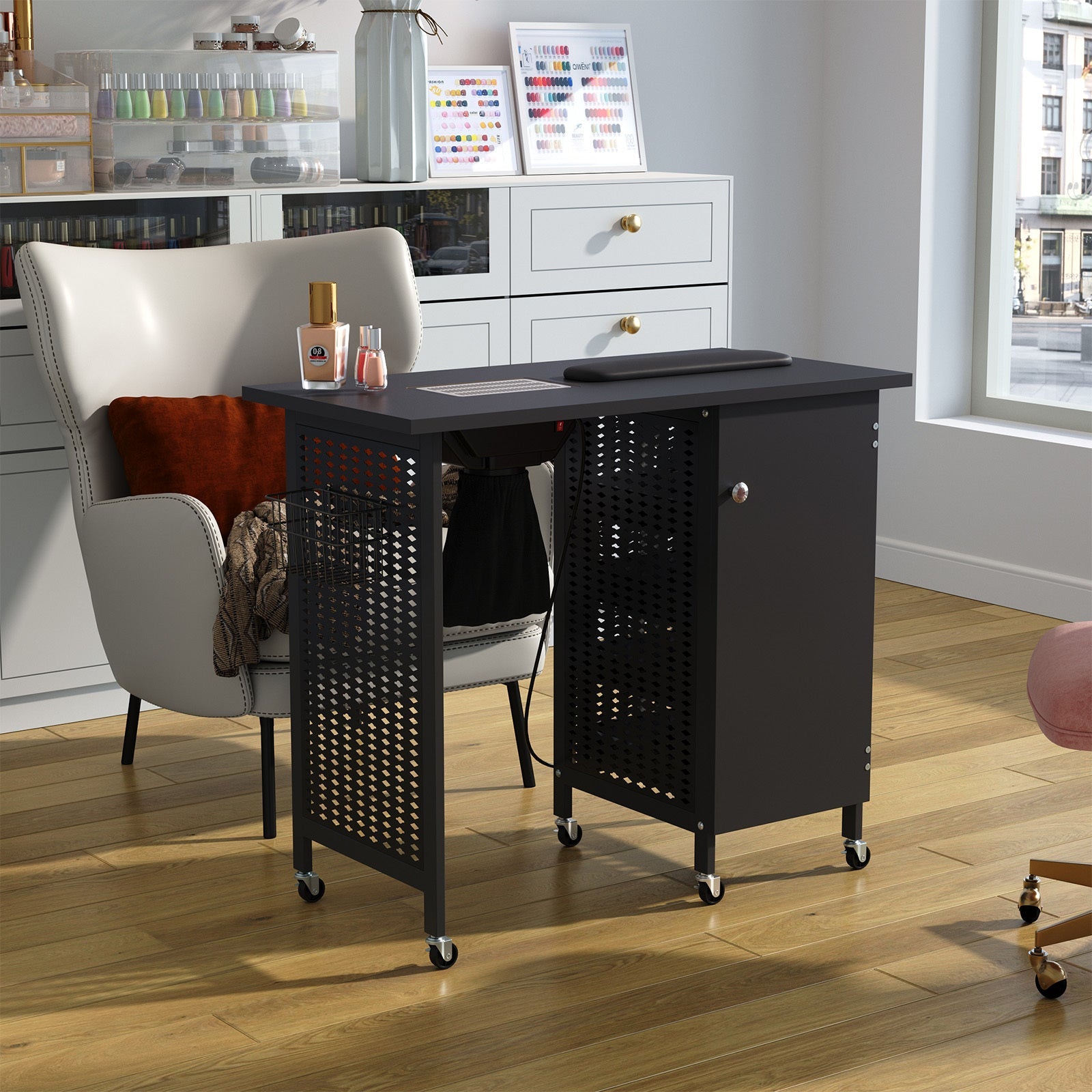 Obsidian Black Manicure Table with 1-Cabinet