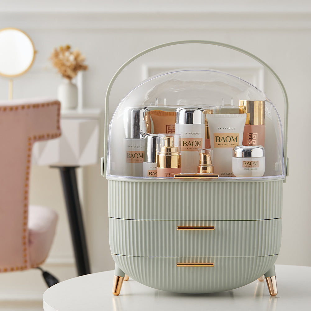 Mint Green Portable Dustproof Makeup Organizer with Handle and Drawers