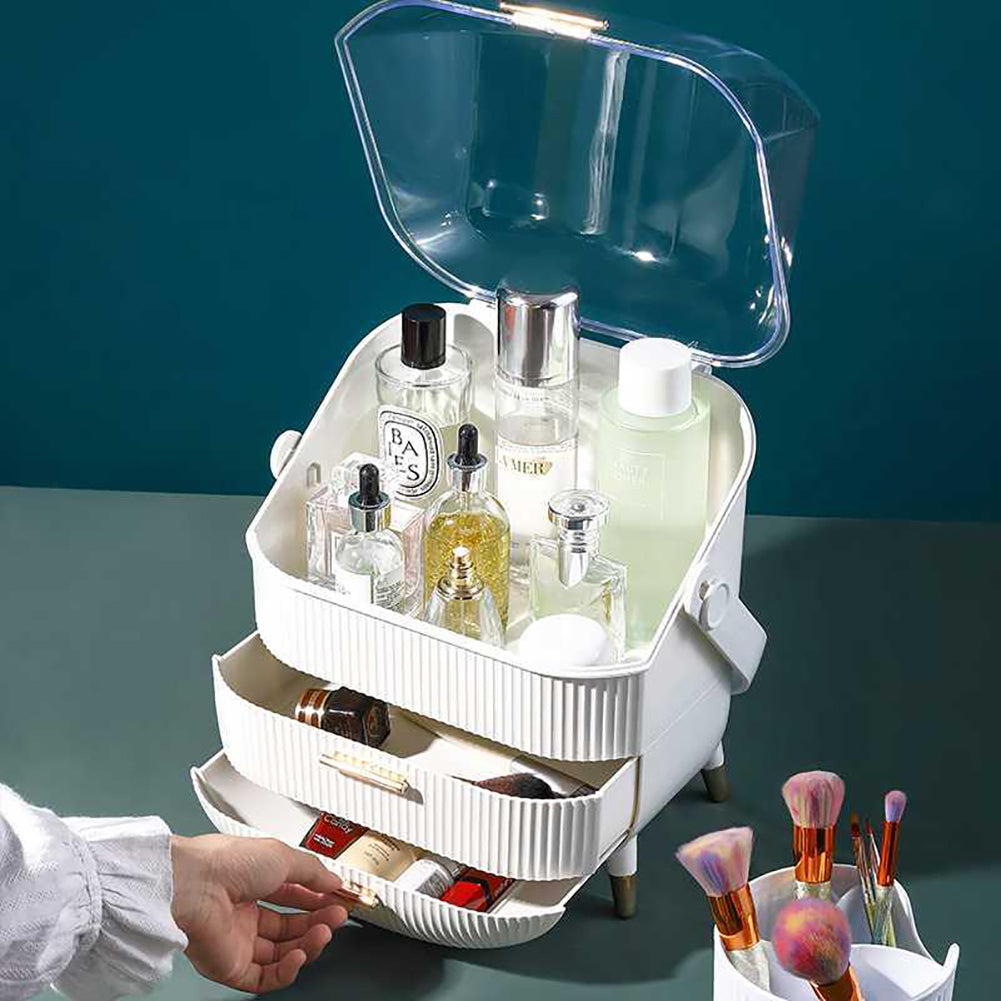 White/Green Makeup Storage Organizer Box with Drawers and Handle