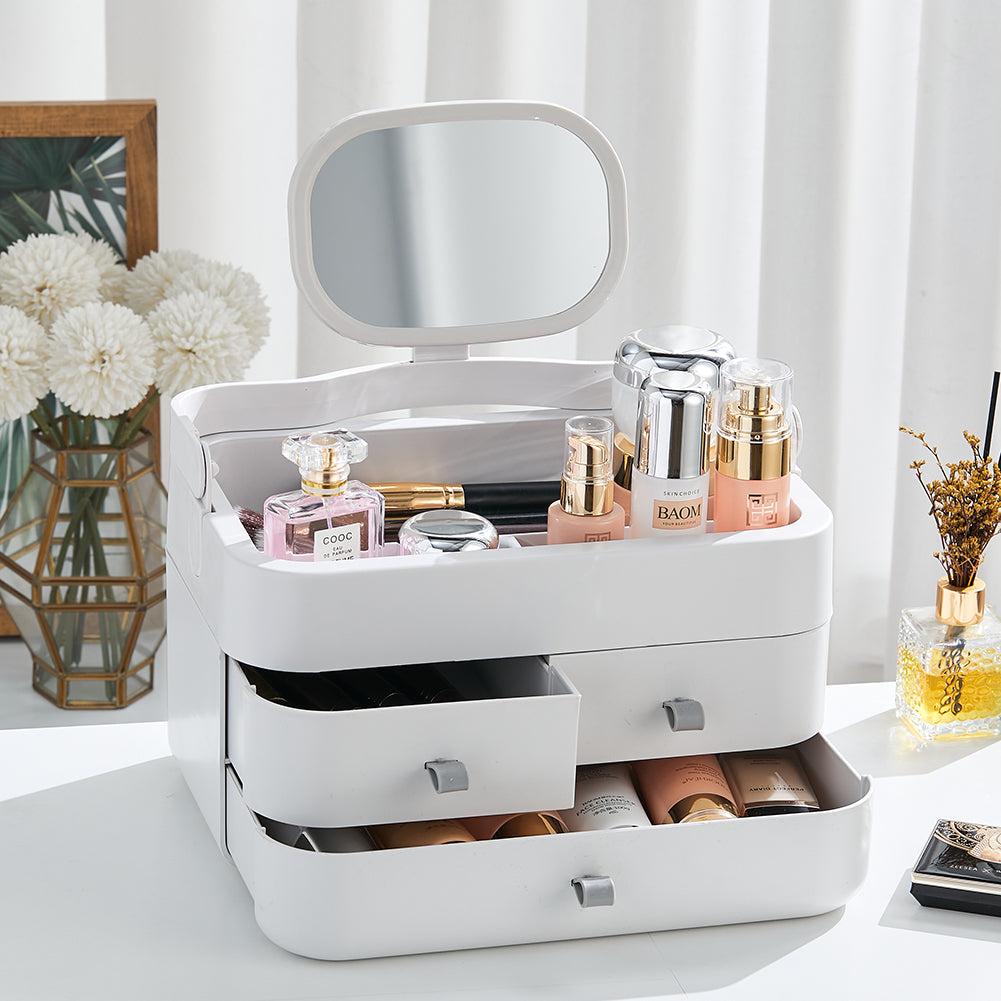 White Large Makeup Organizer with Mirror and Drawers