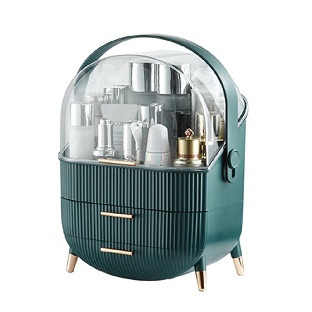 White/Green Makeup Storage Organizer Box with Drawers and Handle