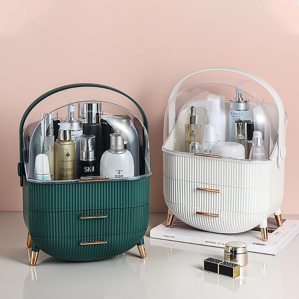 White/Green Makeup Storage Organizer Box with Drawers and Handle
