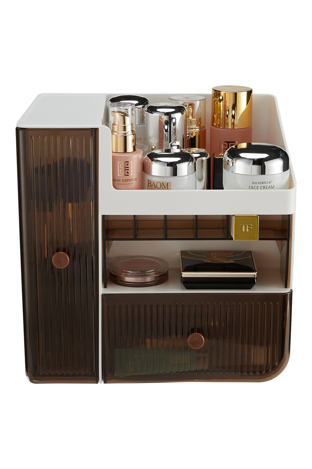 Elegant Makeup Organizer with Dual Drawers and Multiple Compartments