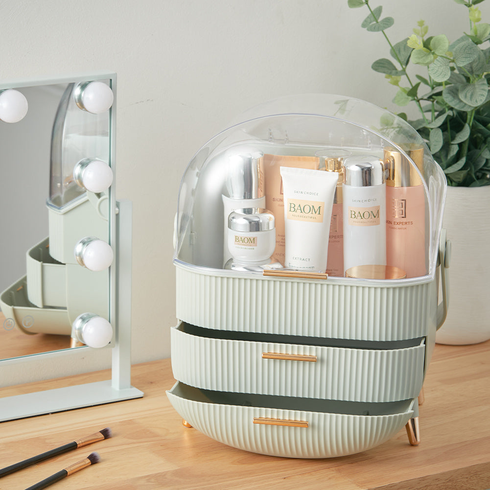 Mint Green Portable Dustproof Makeup Organizer with Handle and Drawers