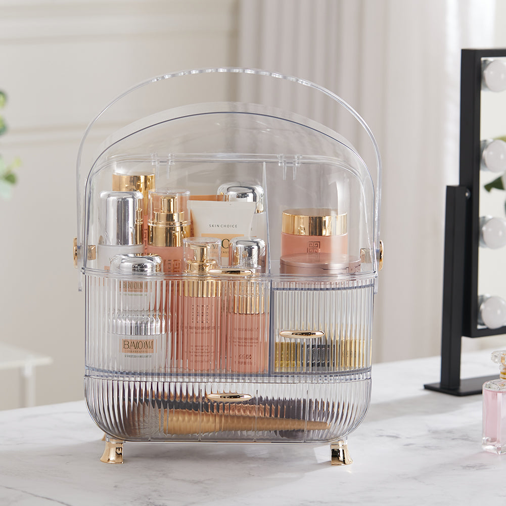 Transparent Dustproof Three-Layer Makeup Cosmetic Organizer with Handle