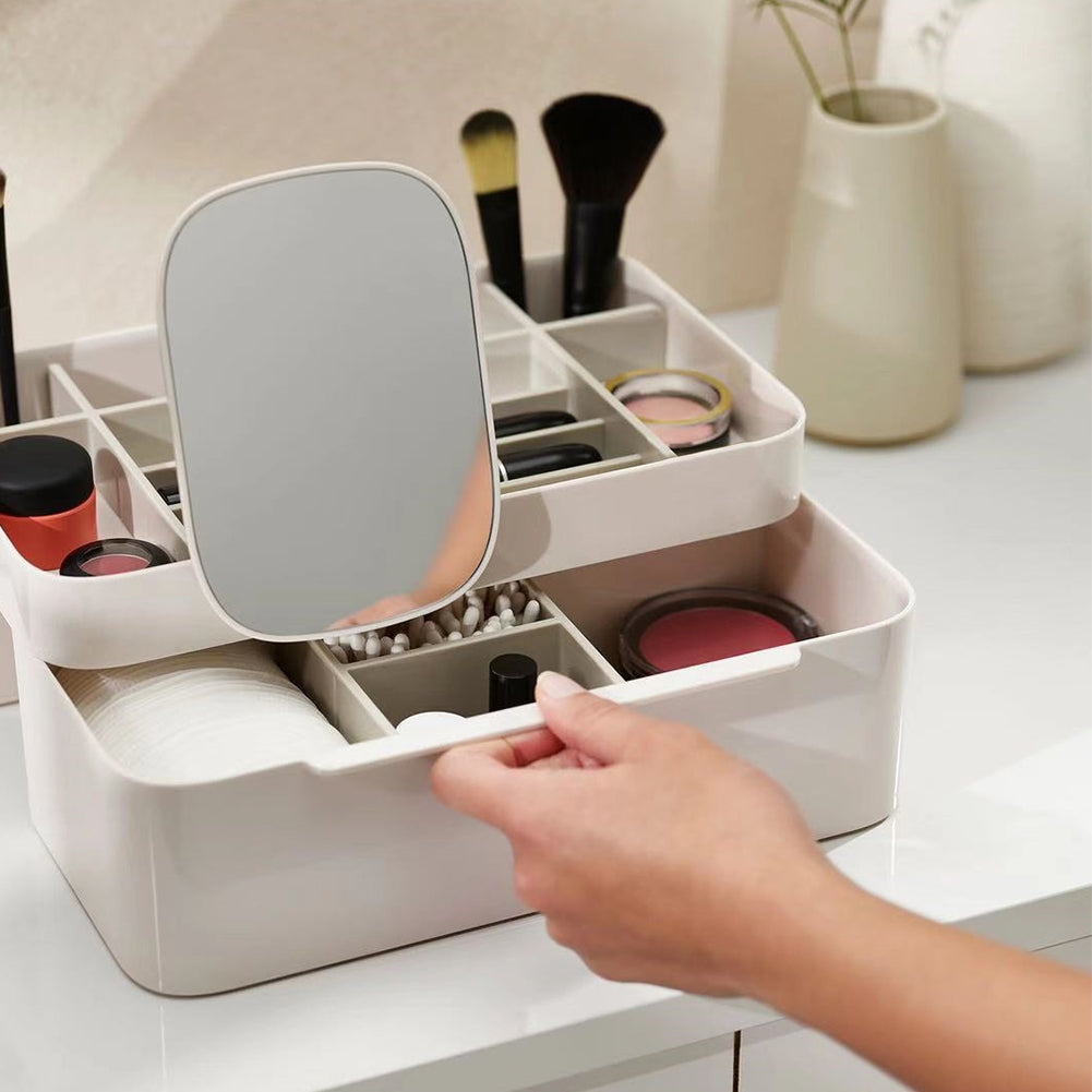 Off-white 2 Compartments Makeup Cosmetic Organizer with Mirror